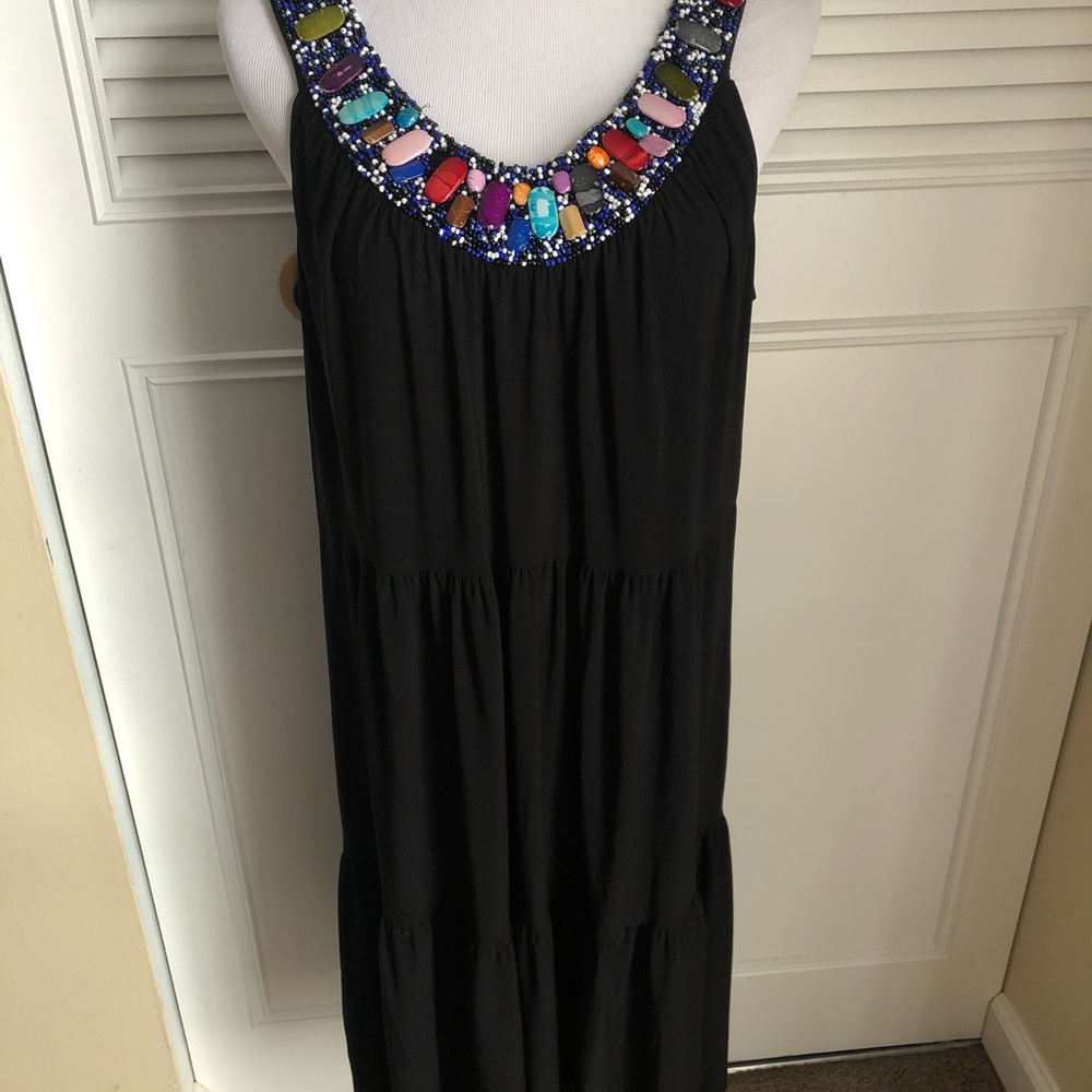 Blu Sage Black Midi Dress with Colorful Beaded Neckline
